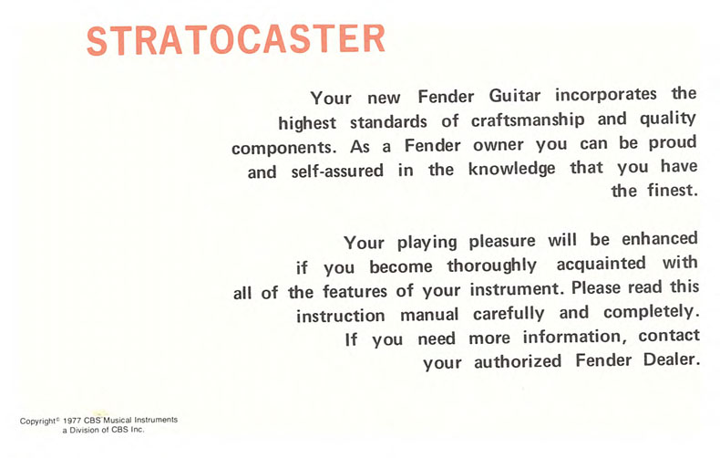 Fender Stratocaster Owner's Manual 1978 B