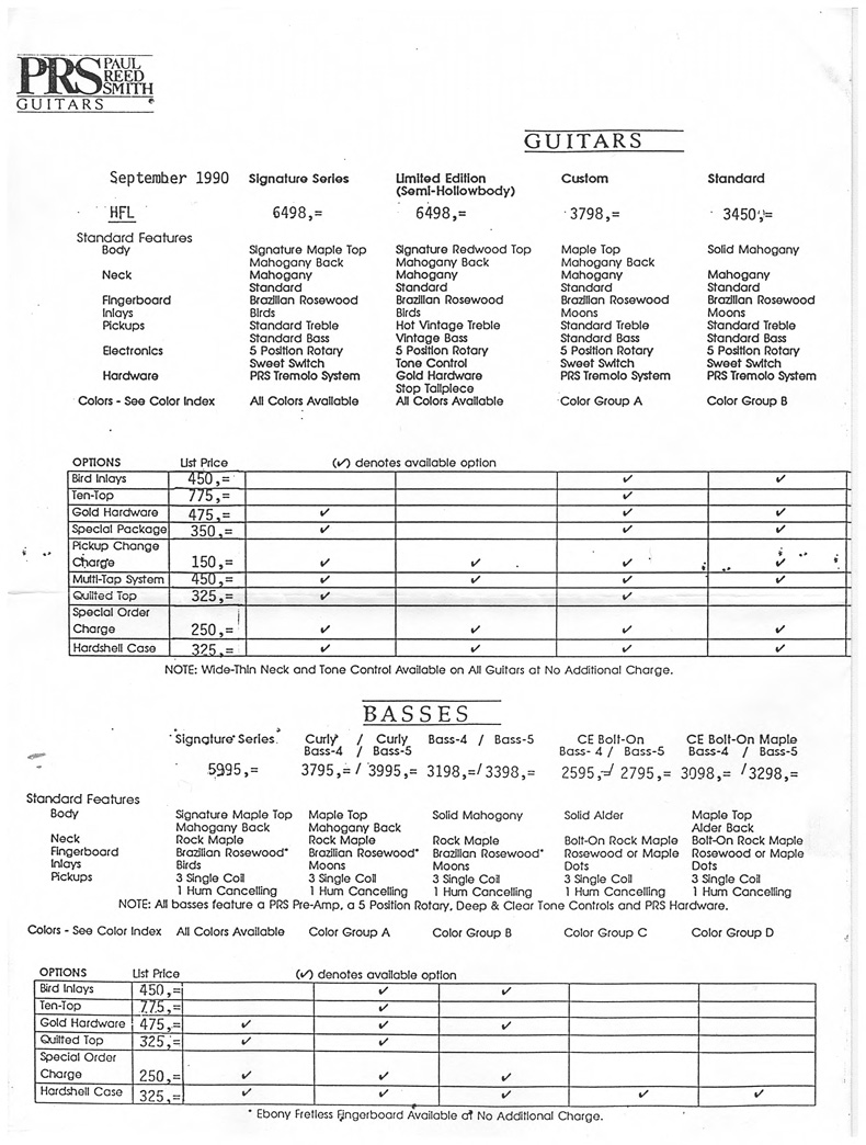 Paul Reed Smith 1990 opties en prijzen 1