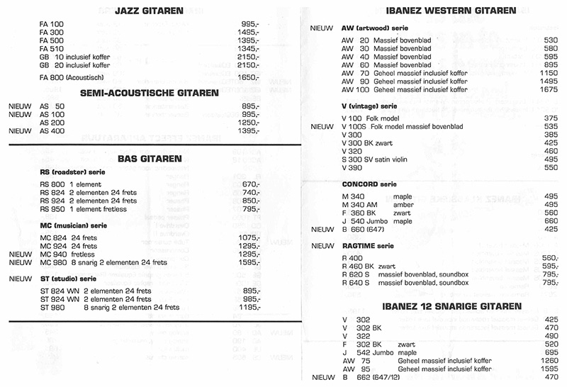 ibanez prijslijst 1980 c